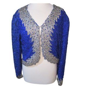 Vintage 1980s 80s Gagni Royal Blue Silver Sequin Bedazzled Jacket